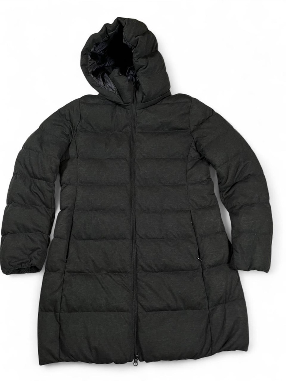 Uniqlo Down Coat Womens S Black‎ Hooded Long Puffer Jacket Parka Warm Winter